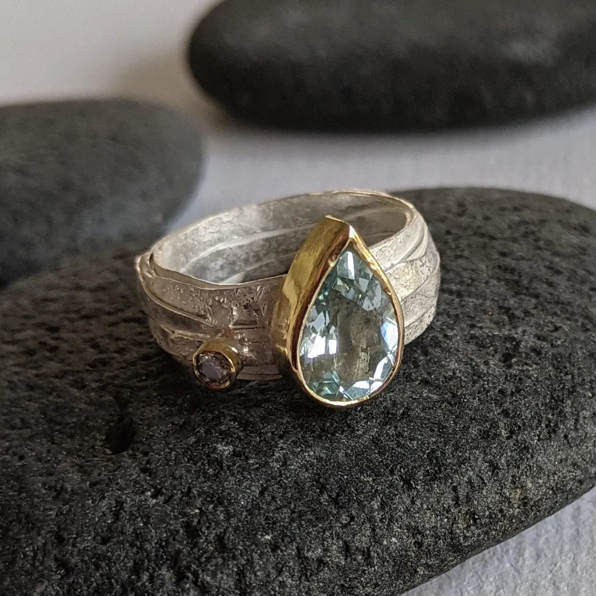 Gold and Silver Wrap Ring with Round Diamond and Pear Shape Moss Aquamarine