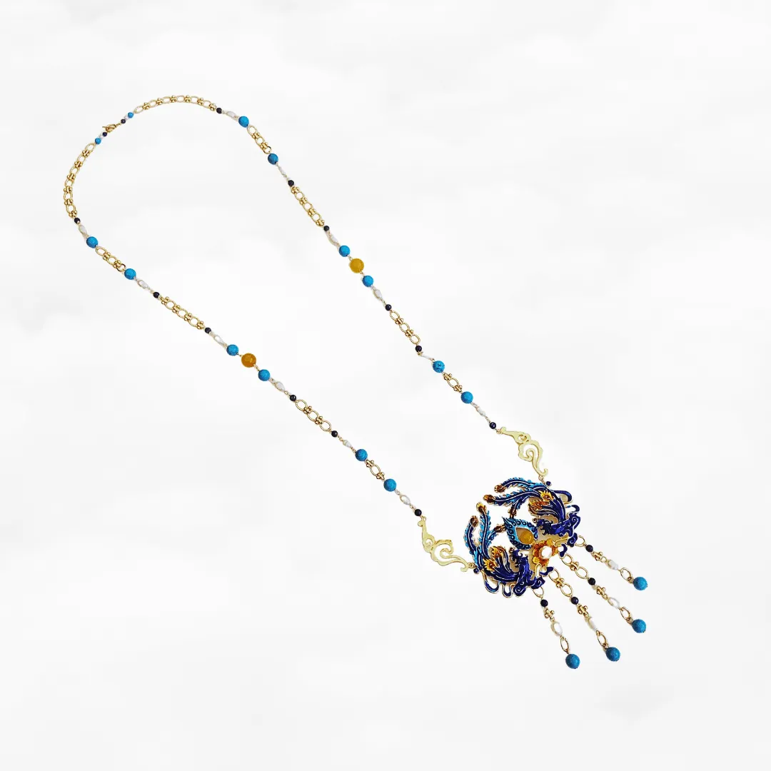 Gold Enamel Phoenix Long Necklace