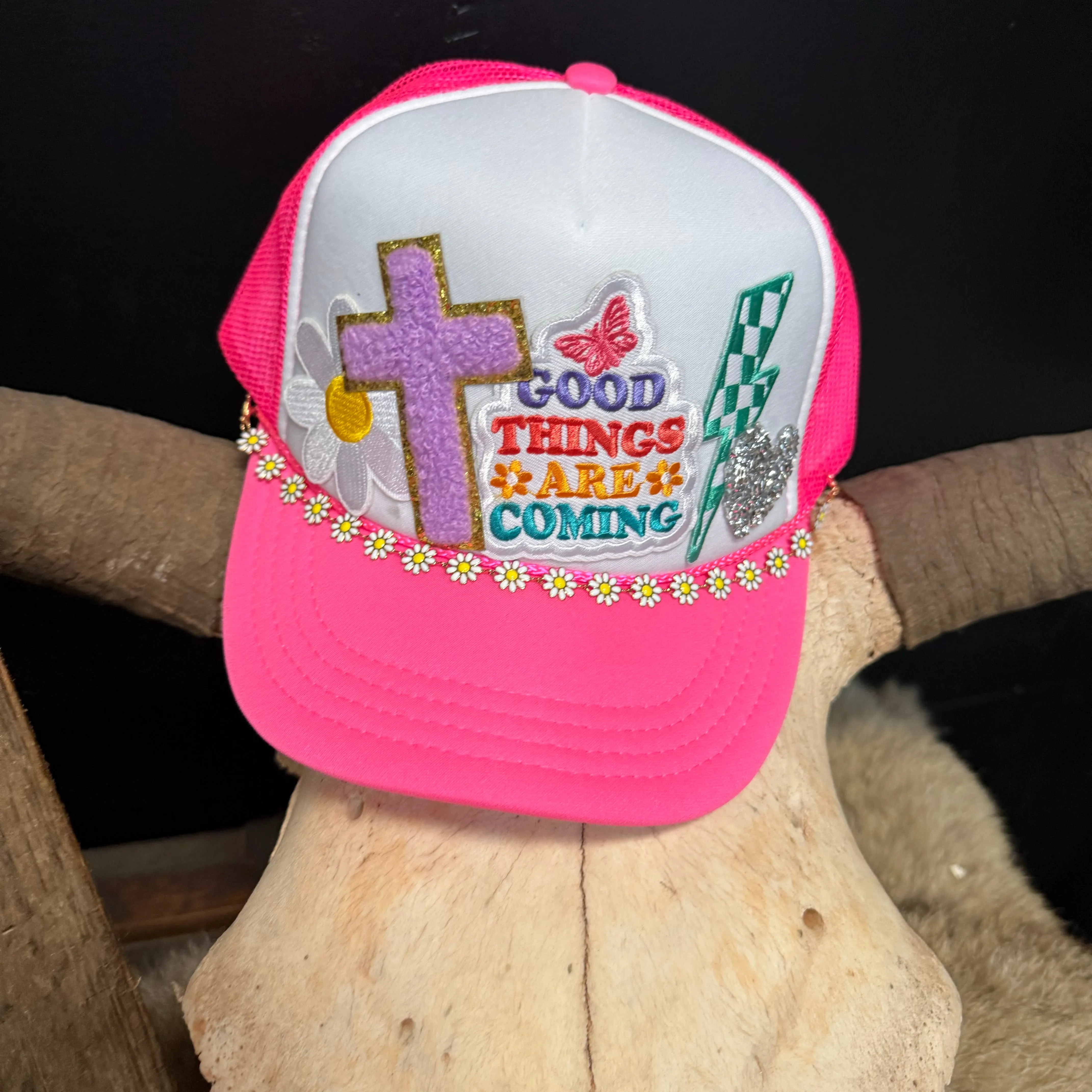 Good Things Are Coming Pink Youth Custom Trucker Hat