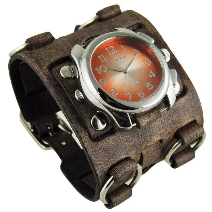 Gradient Orange/Silver Watch with Bullet Ring Distressed Brown Leather Triple Strap Cuff