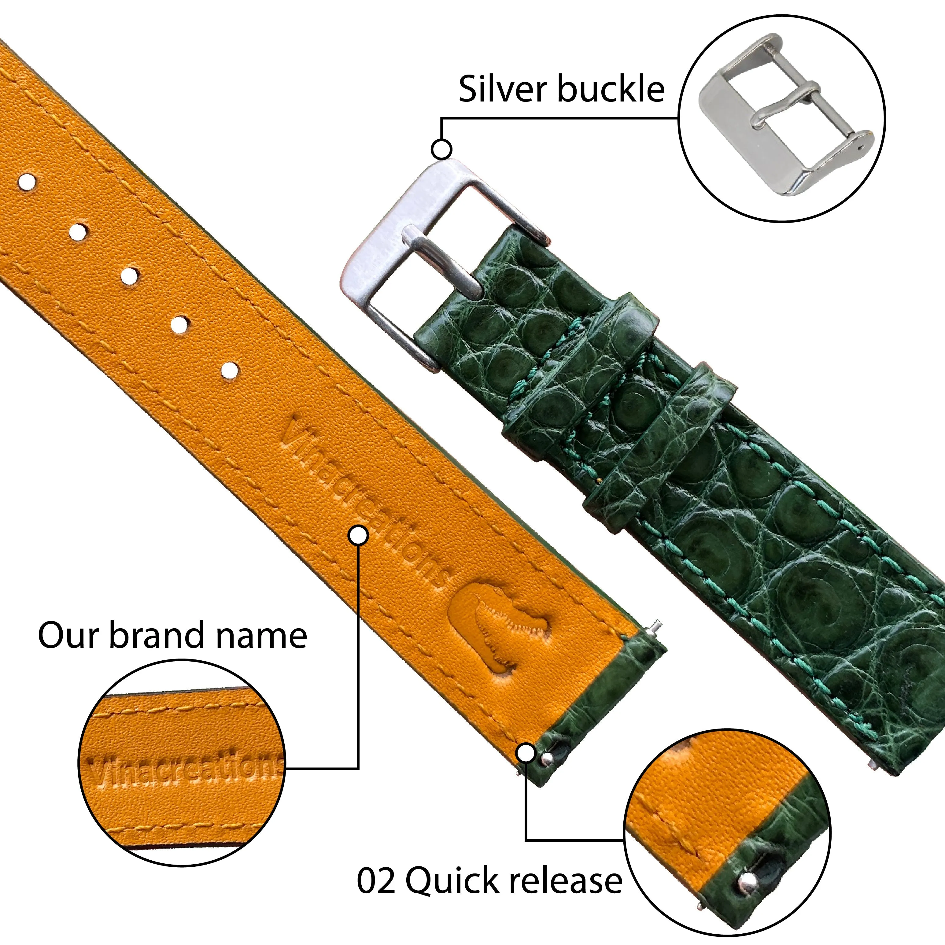 Green Flat Alligator Leather Watch Band Men | No-Padding | DH-28