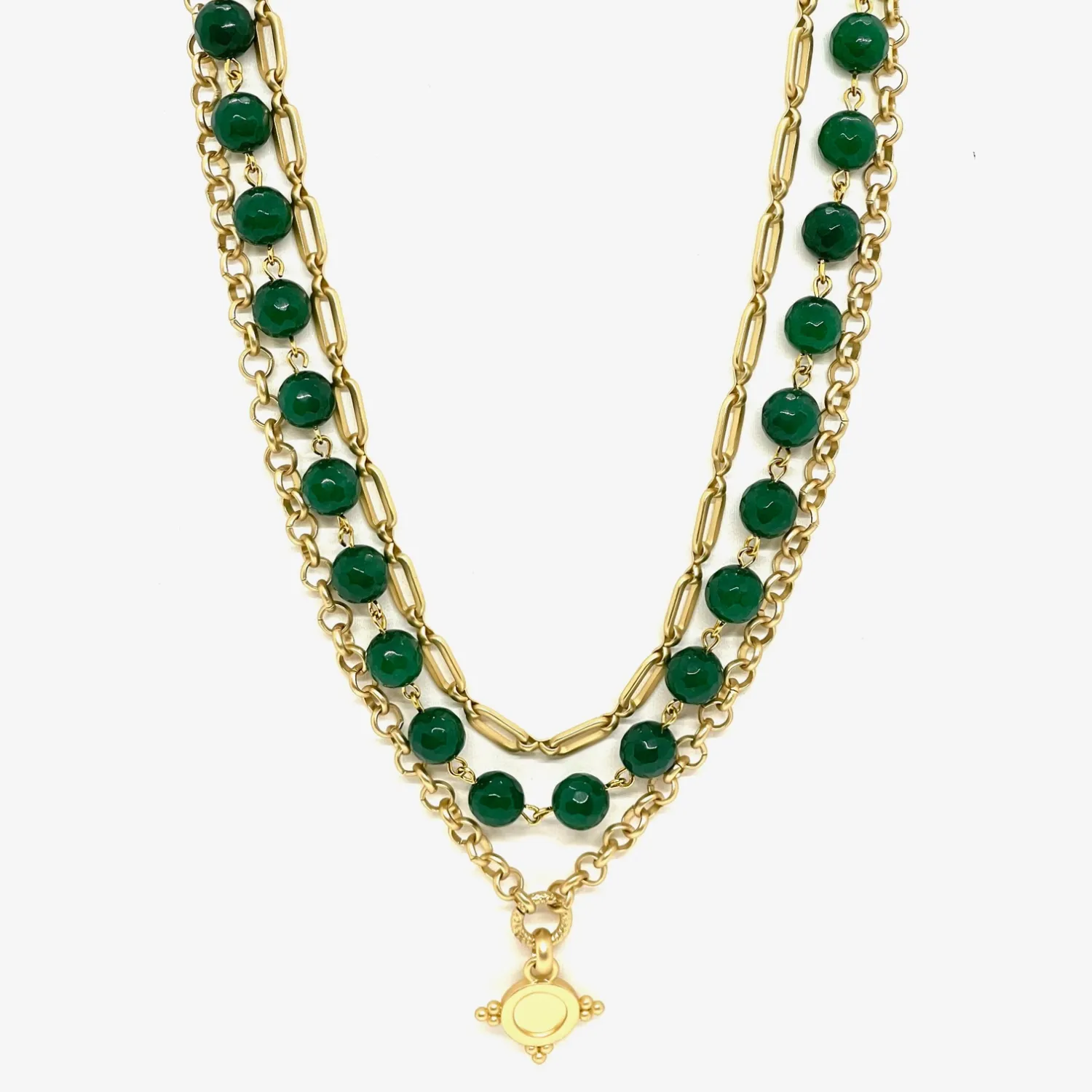 Green Jade 3 Strand Matte Gold Multi Chain Necklace