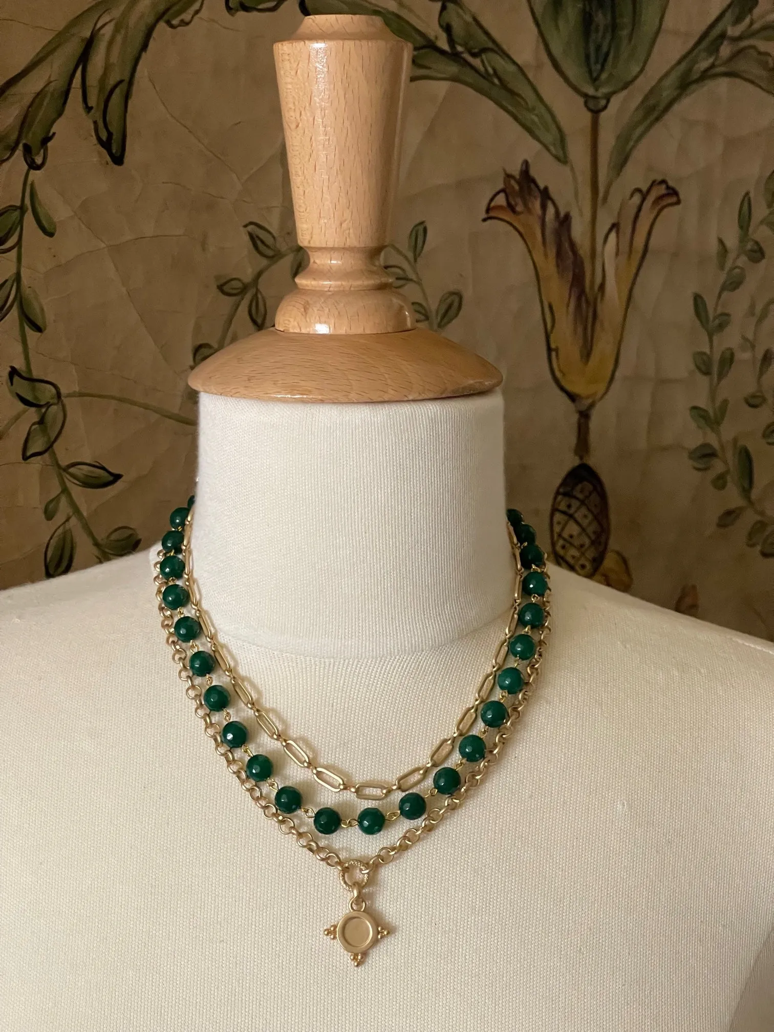 Green Jade 3 Strand Matte Gold Multi Chain Necklace