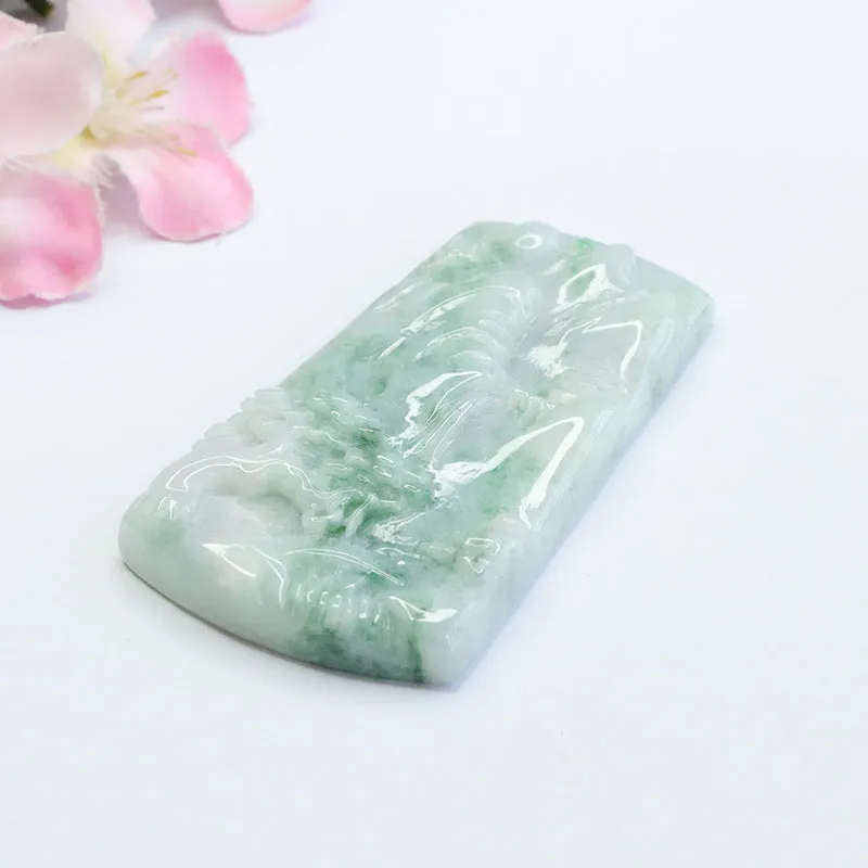 Green Landscape Jade Sterling Silver Pendant with A-grade Natural Myanmar Jadeite