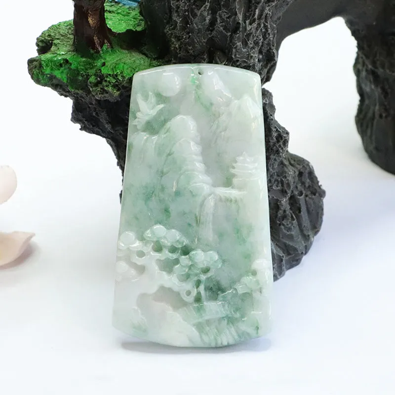 Green Landscape Jade Sterling Silver Pendant with A-grade Natural Myanmar Jadeite