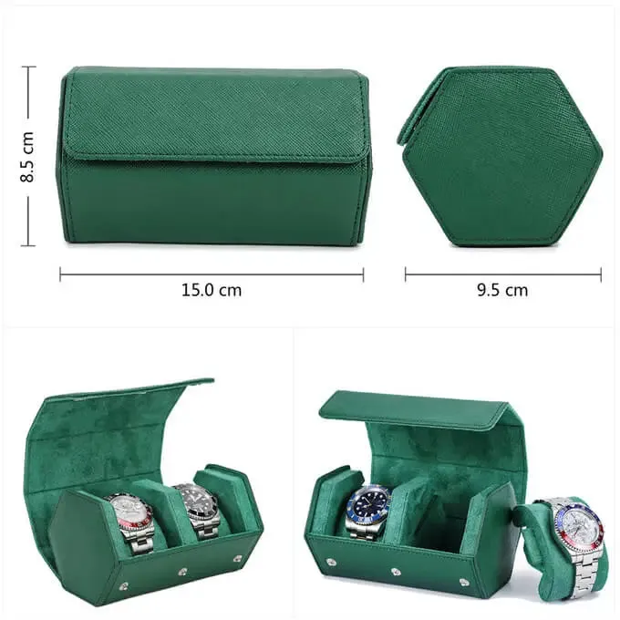 Green Leather Watch Case for Men Watch Roll Travel  Display-2 Slots