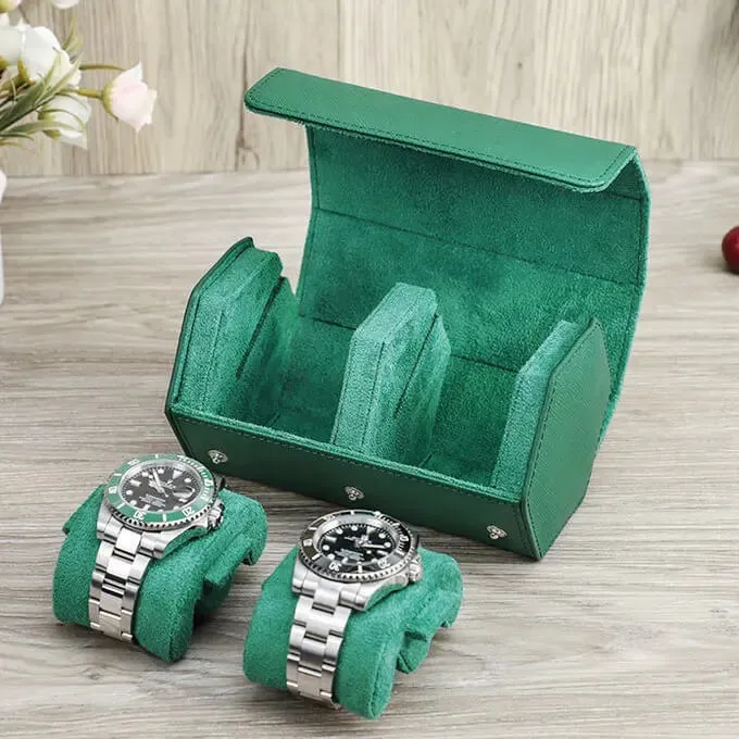 Green Leather Watch Case for Men Watch Roll Travel  Display-2 Slots