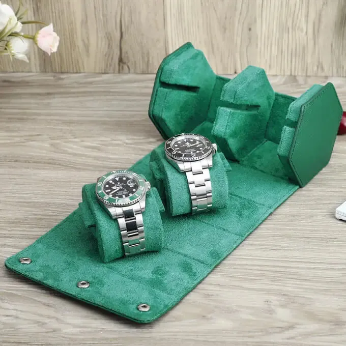 Green Leather Watch Case for Men Watch Roll Travel  Display-2 Slots