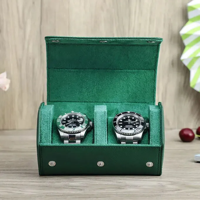 Green Leather Watch Case for Men Watch Roll Travel  Display-2 Slots