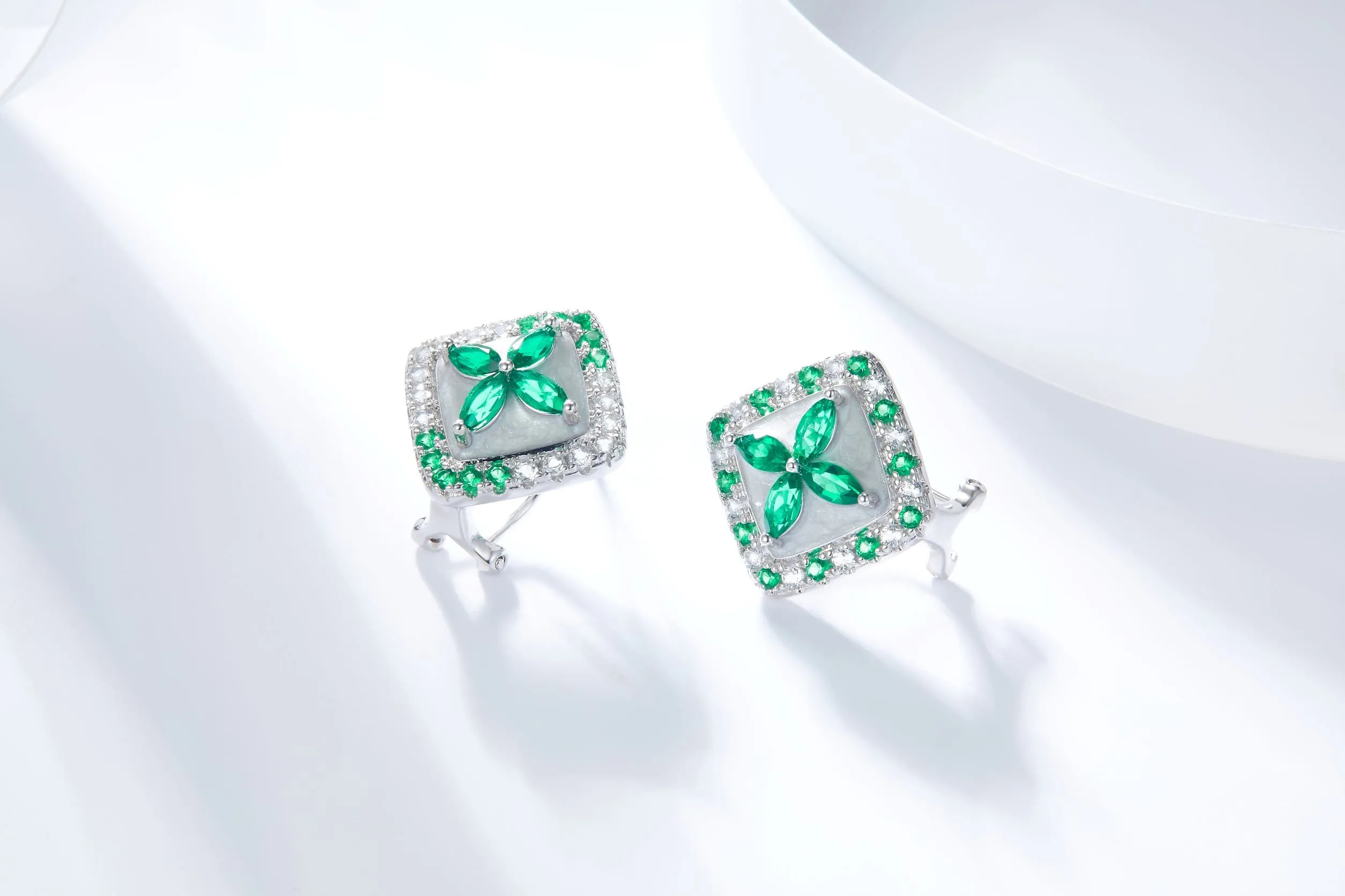 Green Topaz Cross Enamel Square Stud Earrings