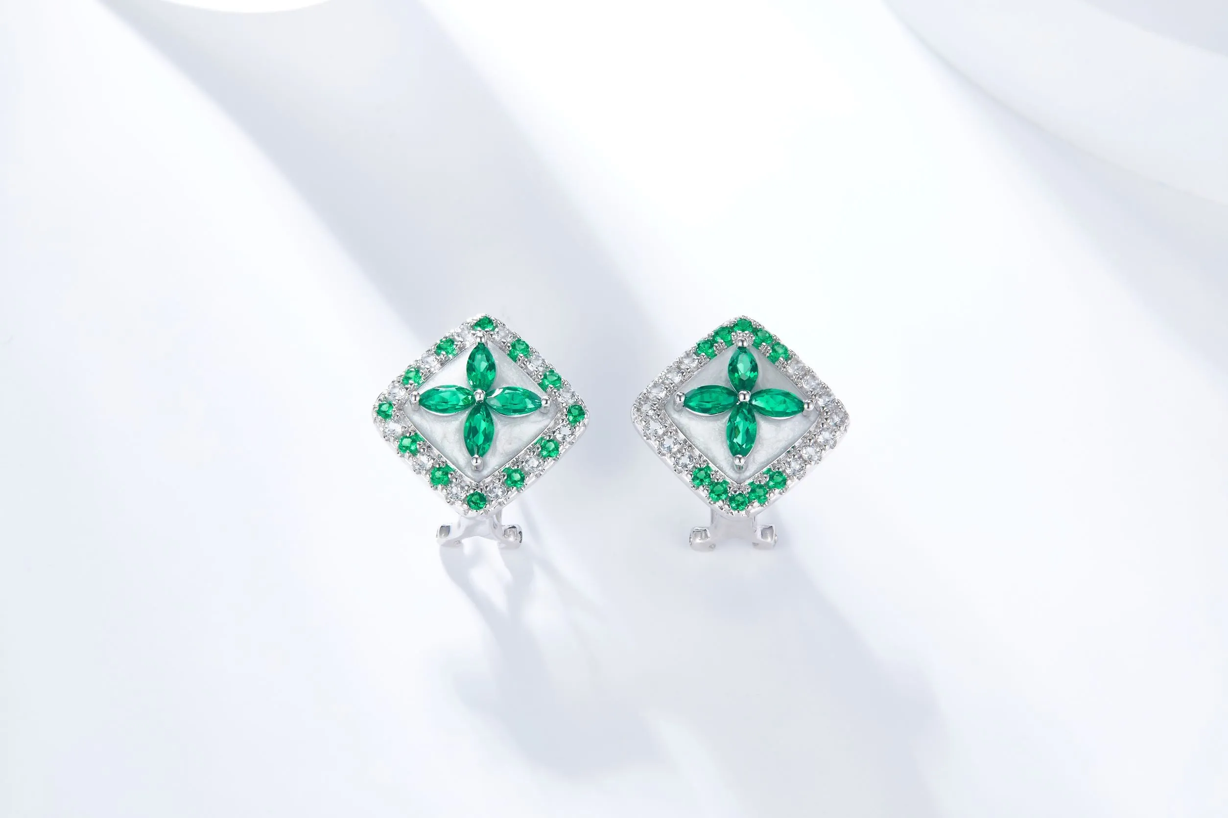 Green Topaz Cross Enamel Square Stud Earrings