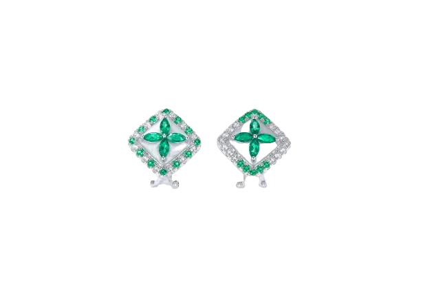 Green Topaz Cross Enamel Square Stud Earrings