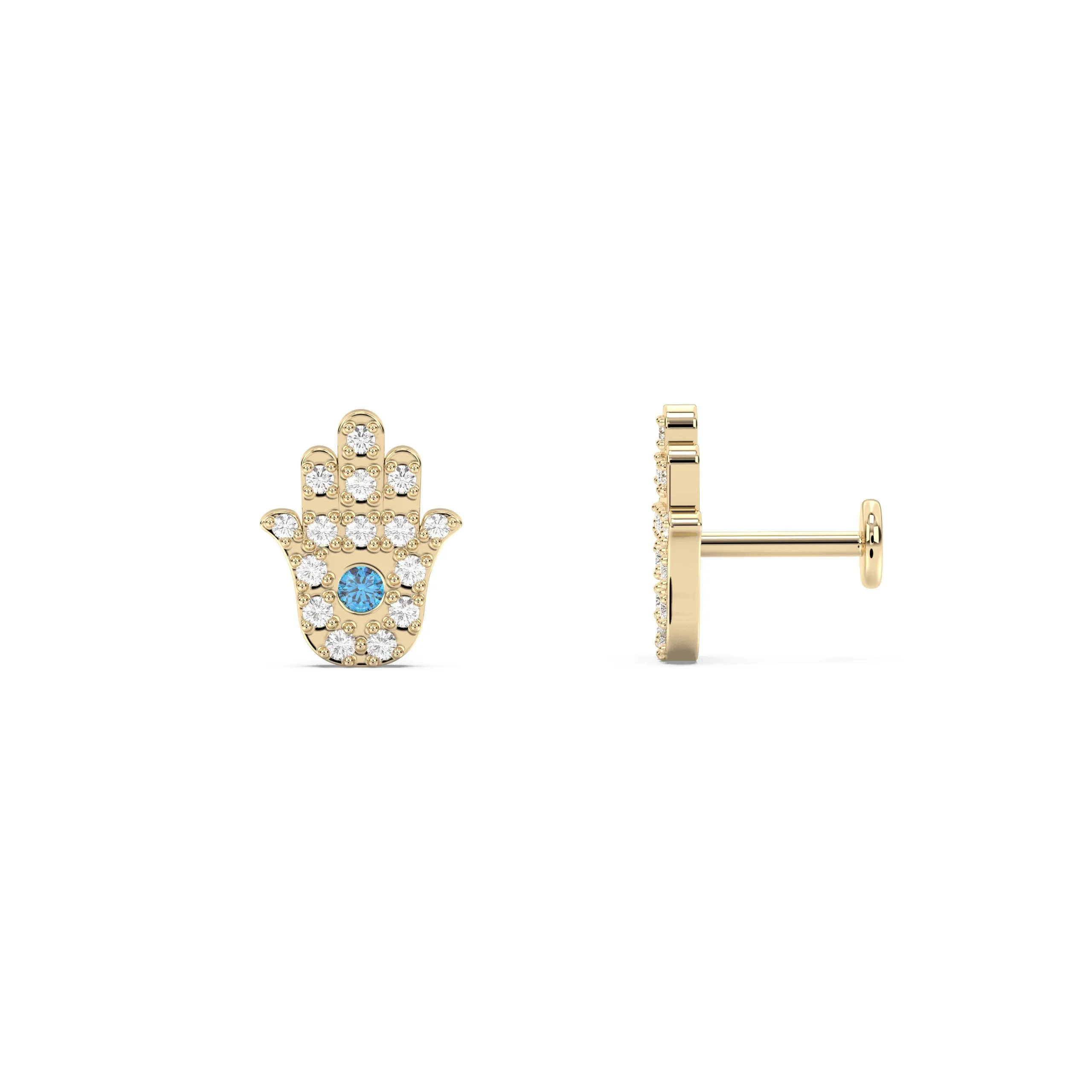 Hamsa Earring in Diamond and Blue Topaz