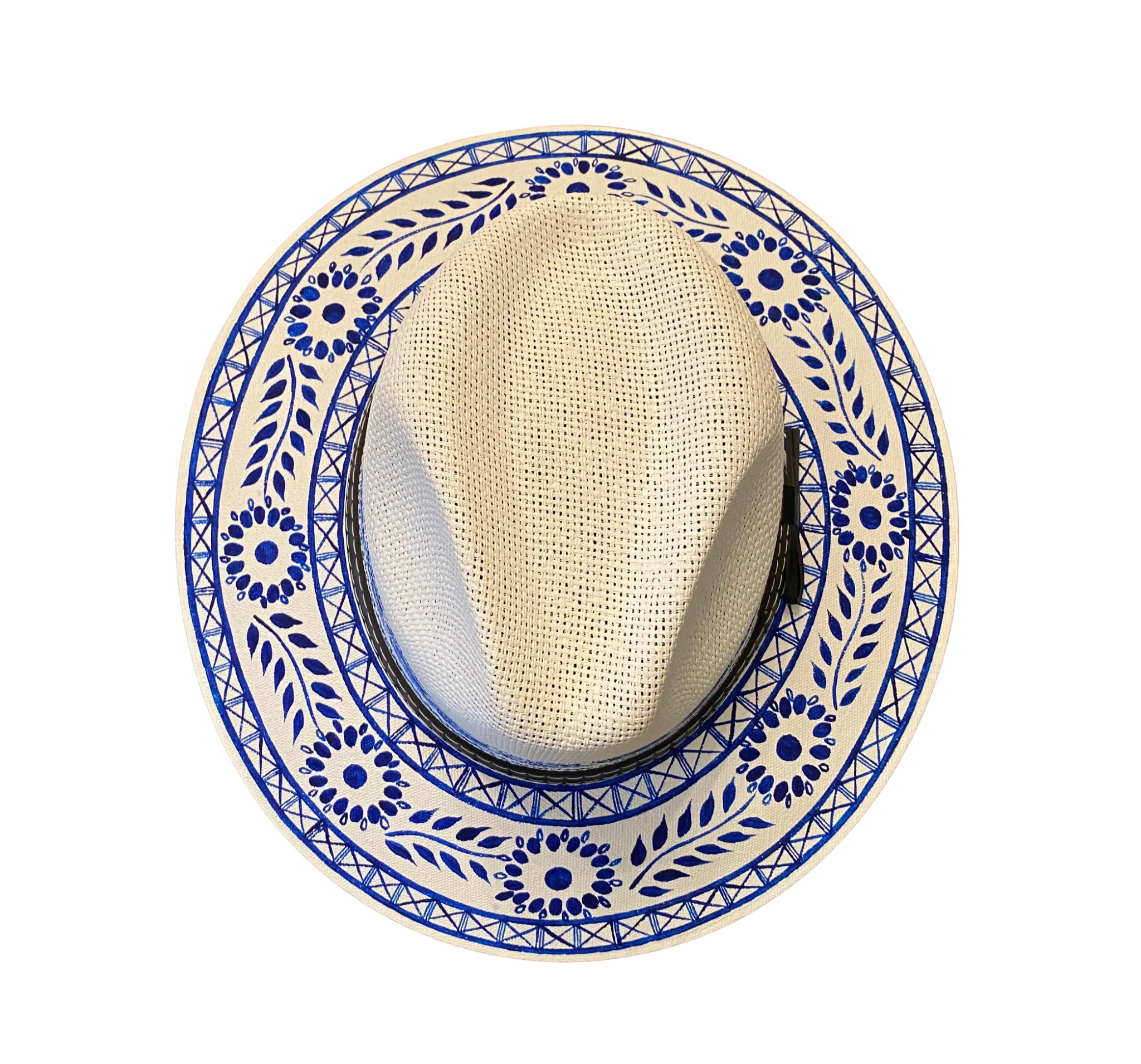 Hand-painted Hat from Mexico - Floral - White, Navy