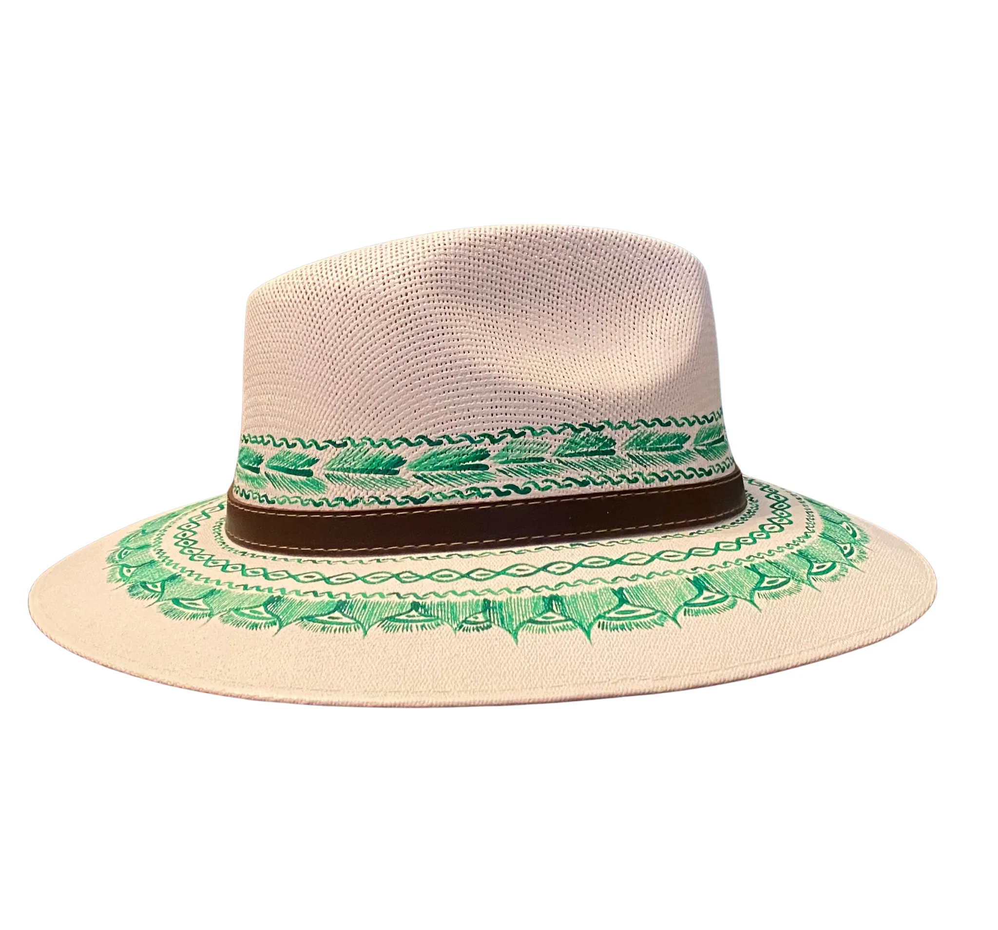 Hand-painted Hat from Mexico - White, Green