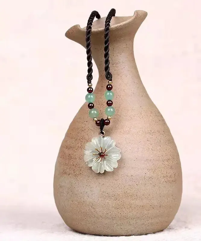 Handmade Green Crystal Jade Floral Pendant Necklace ML0290