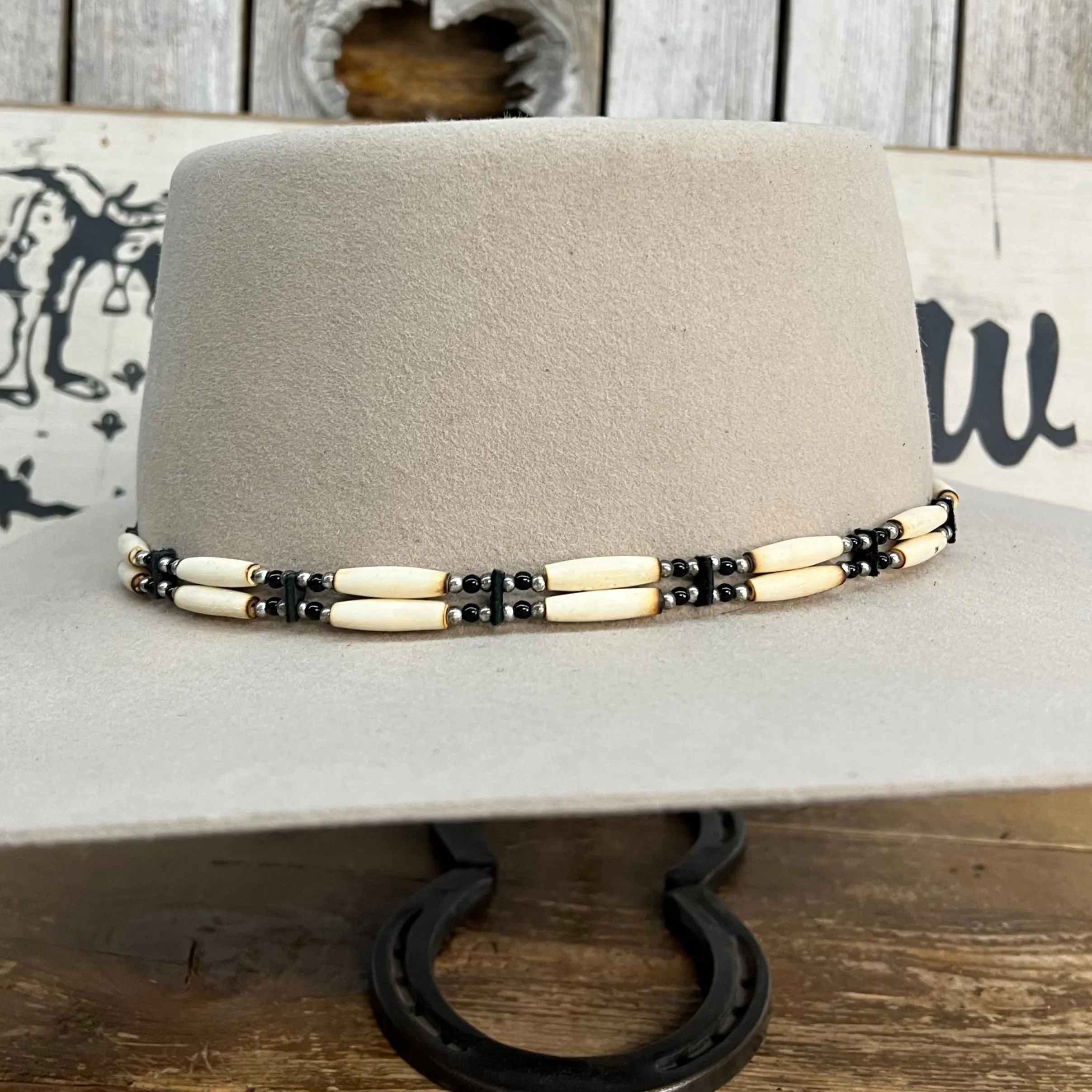 Hat Band | 2 Strand Bone w/ Black Accents and Tie