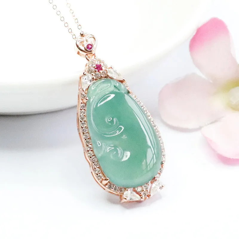 Ice Blue Green Ruyi Sterling Silver Necklace with Natural Jade