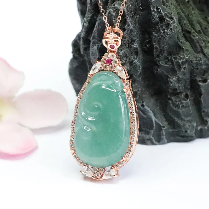 Ice Blue Green Ruyi Sterling Silver Necklace with Natural Jade