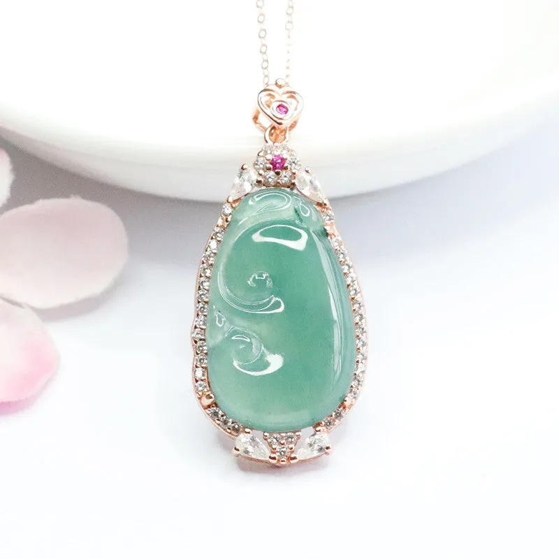 Ice Blue Green Ruyi Sterling Silver Necklace with Natural Jade