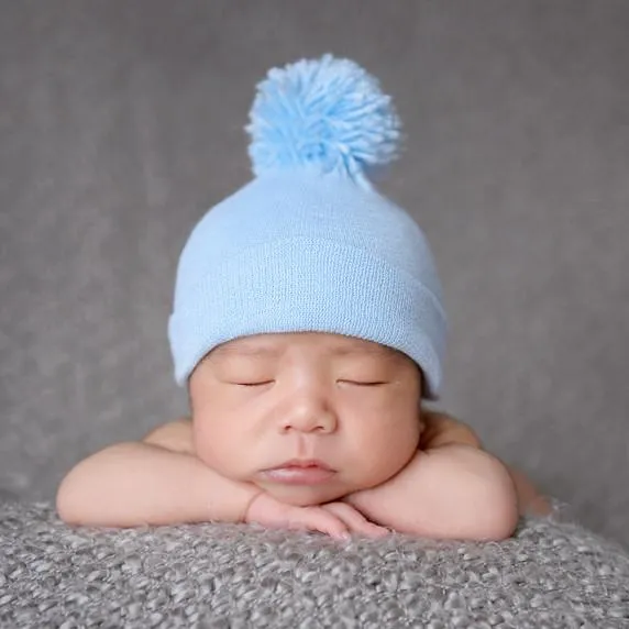 ilybean blue hat with blue pom pom newborn boy hospital hat - Personalization Optional