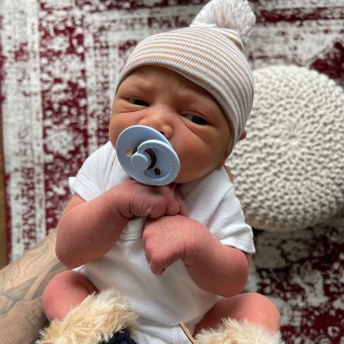 ilybean Tan and White Striped White Pom Pom Newborn Hospital Hat