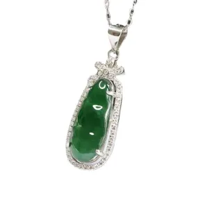 Imperial Green Bean Jade and Zircon Necklace crafted in Sterling Silver