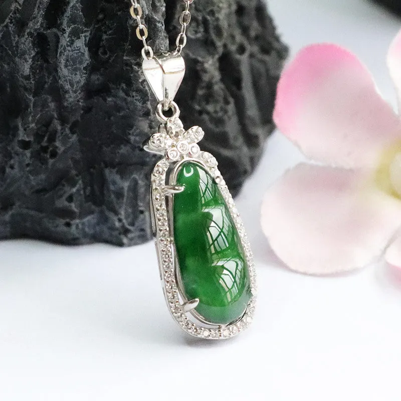 Imperial Green Bean Jade and Zircon Necklace crafted in Sterling Silver