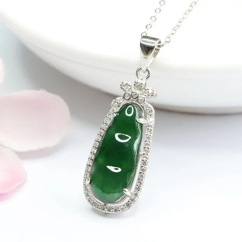 Imperial Green Bean Jade and Zircon Necklace crafted in Sterling Silver