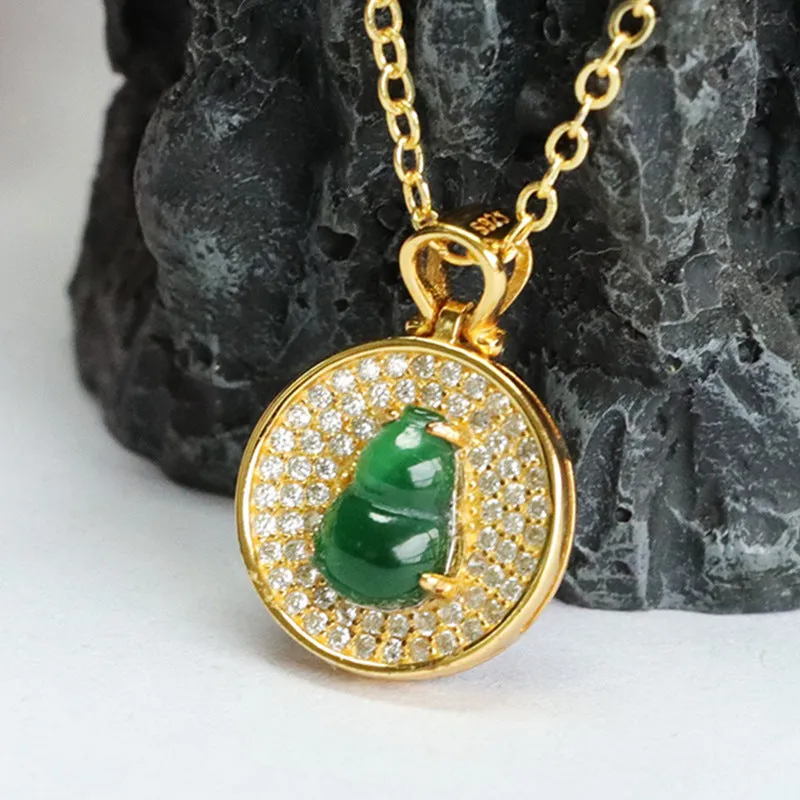 Imperial Green Jade Gourd Necklace with Zircon Pendant in Sterling Silver