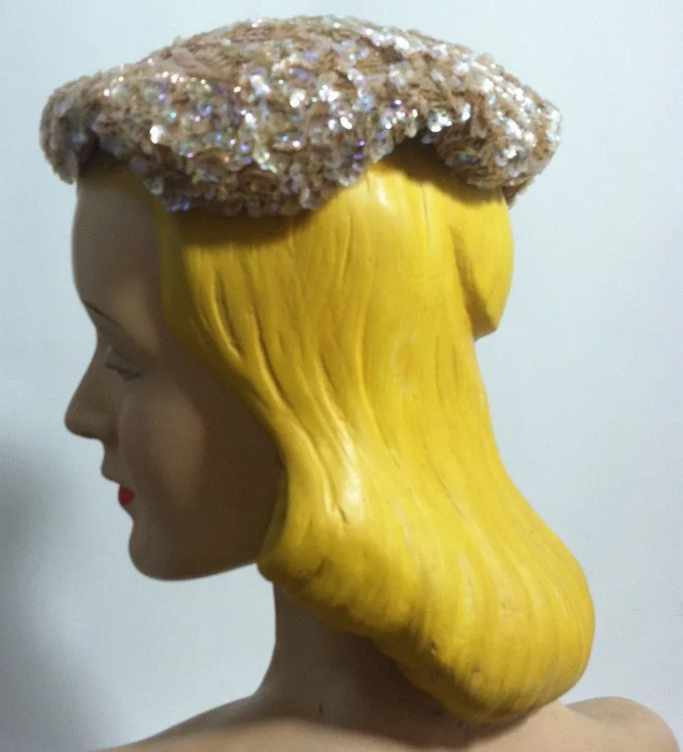 Iridescent Rose Pink Sequined & Beaded Cocktail Hat circa 1950s