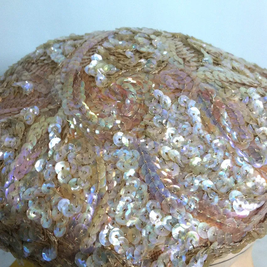 Iridescent Rose Pink Sequined & Beaded Cocktail Hat circa 1950s