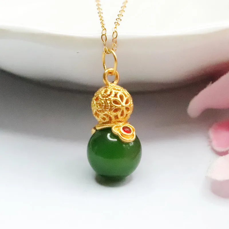 Jade Gourd Pendant Necklace with Sterling Silver Chain