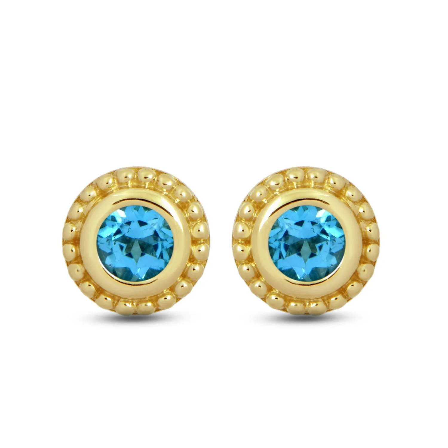 Jewelili 10K Yellow Gold with Round Natural Swiss Blue Topaz Stud Earrings