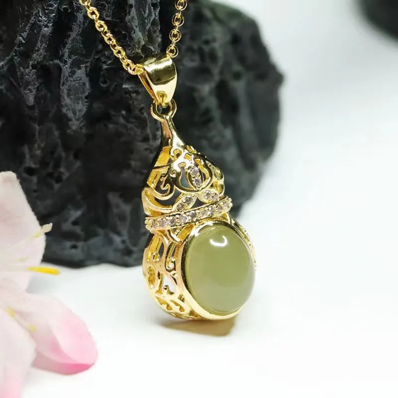 Jewelry Necklace with Oval Hollow Gourd Jade and Zircon Crafted from Natural Hotan Jade