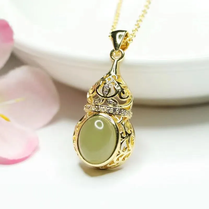 Jewelry Necklace with Oval Hollow Gourd Jade and Zircon Crafted from Natural Hotan Jade