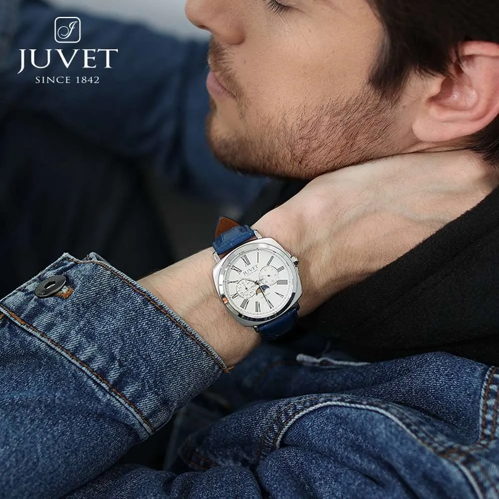 JUVET 7007 Excellent Swiss Moonphase Watch for Men Waterproof - Silver Blue A1