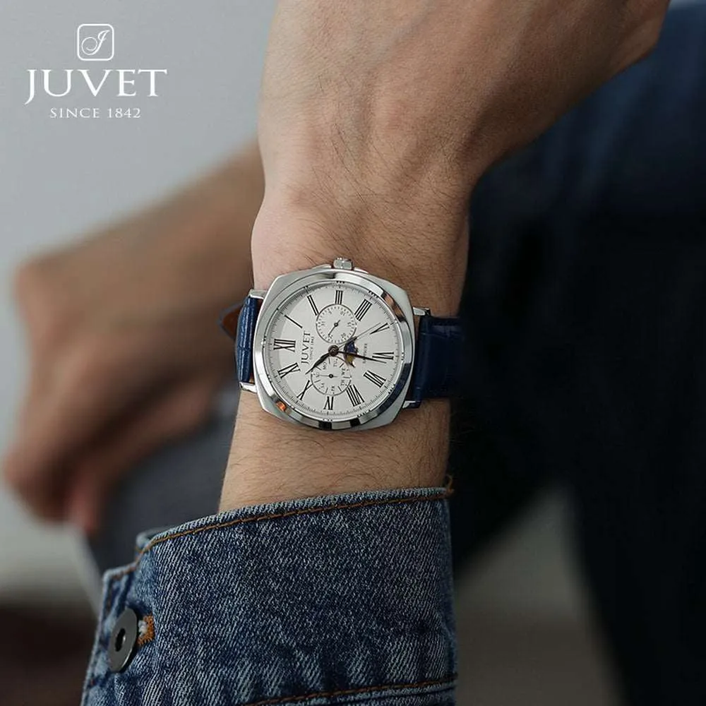 JUVET 7007 Excellent Swiss Moonphase Watch for Men Waterproof - Silver Blue A1