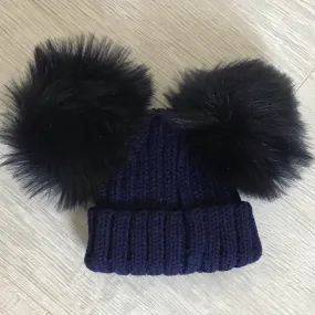 Kinder Faux Fur Double Pompom Ribbed Hat Navy