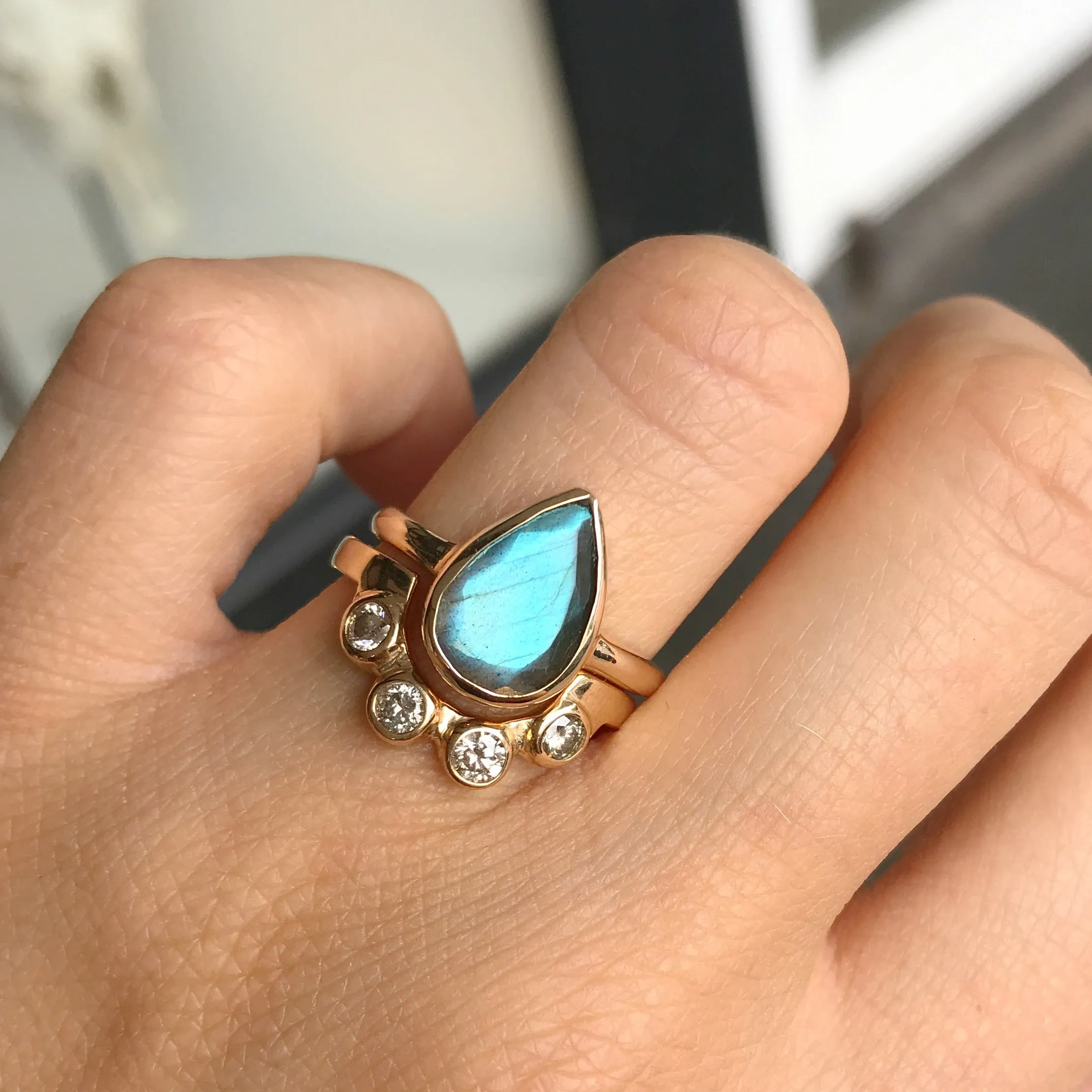 Labradorite Tear Drop 9K Yellow Gold Ring