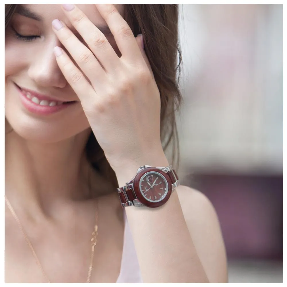 Ladies Wooden Watch Rose Wood and Stainless Steel Bracelet Number Dial