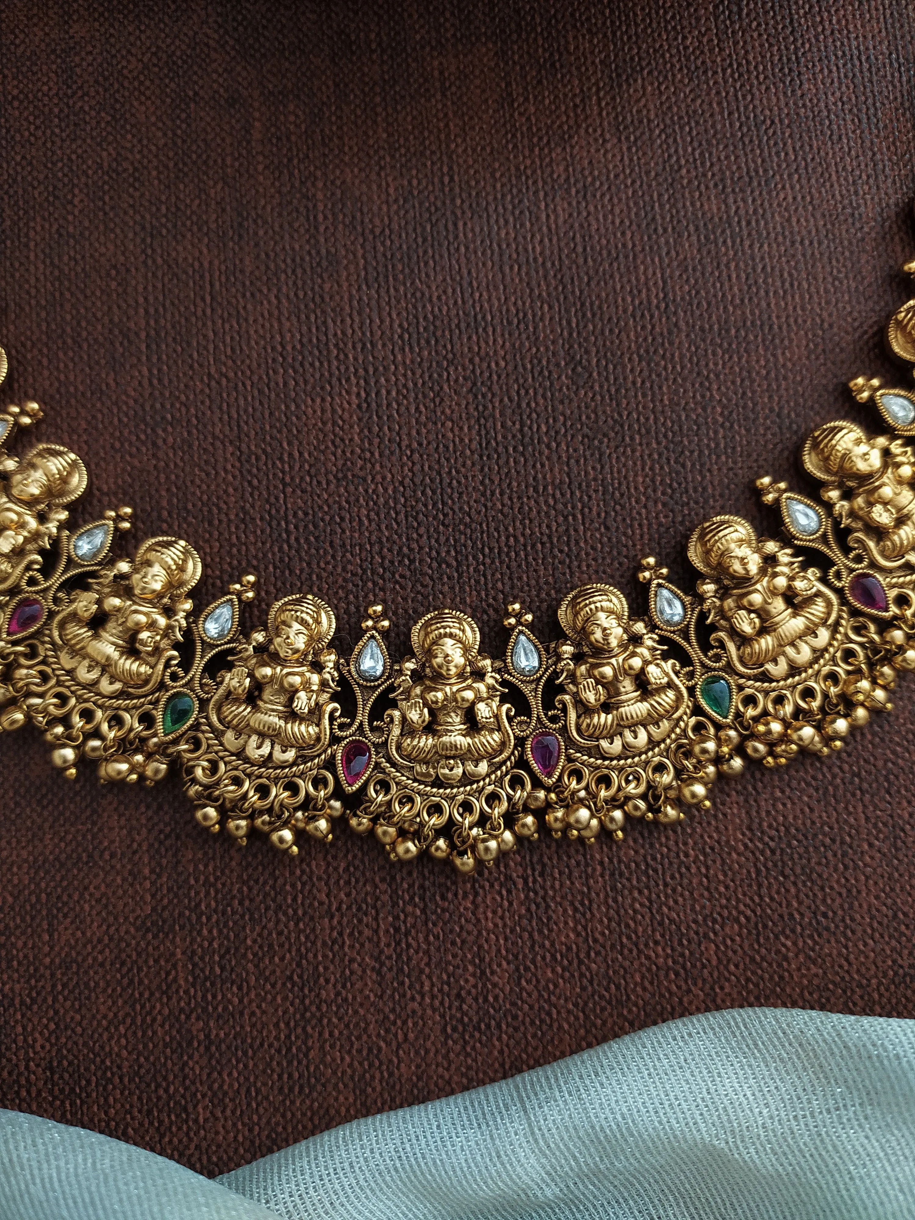 Lakshmi Antique Necklace Set with Kemp, Green & White Stones