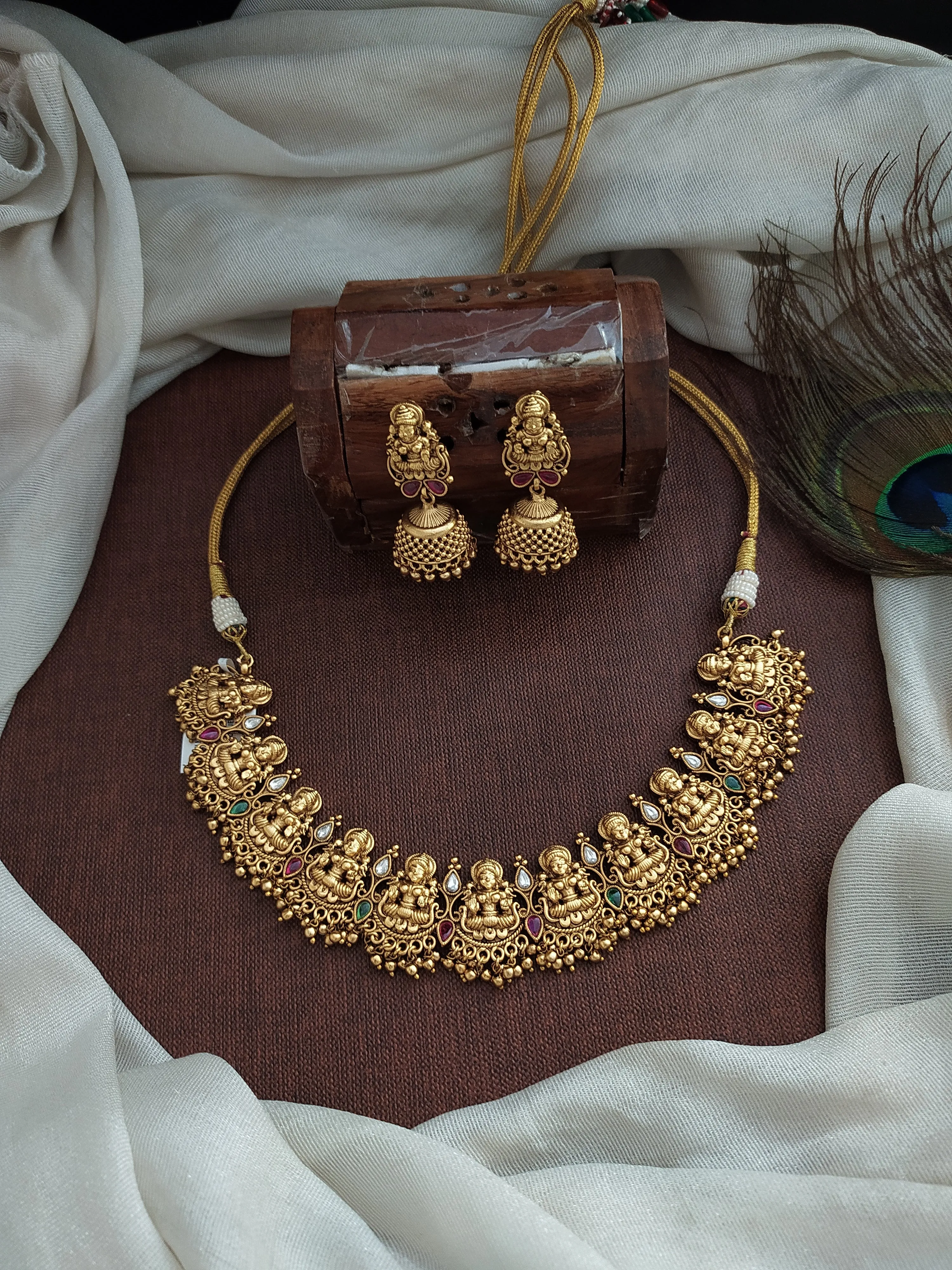 Lakshmi Antique Necklace Set with Kemp, Green & White Stones