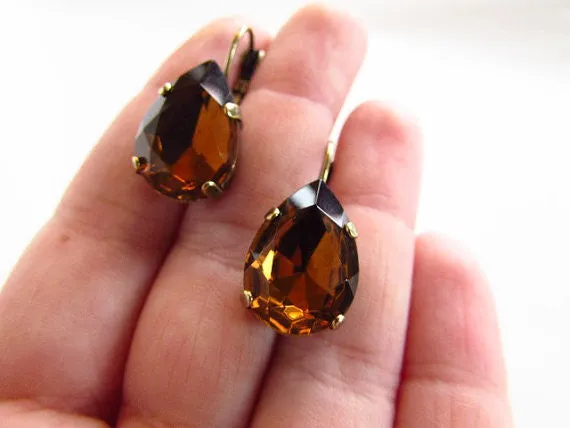 Large Teardrop Brown Topaz Crystal Earrings