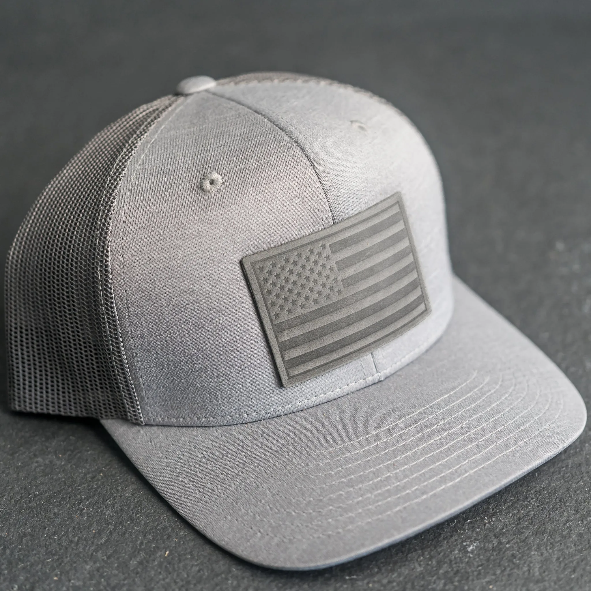 Leather Patch Performance Style Trucker Hat - American Flag Stamp