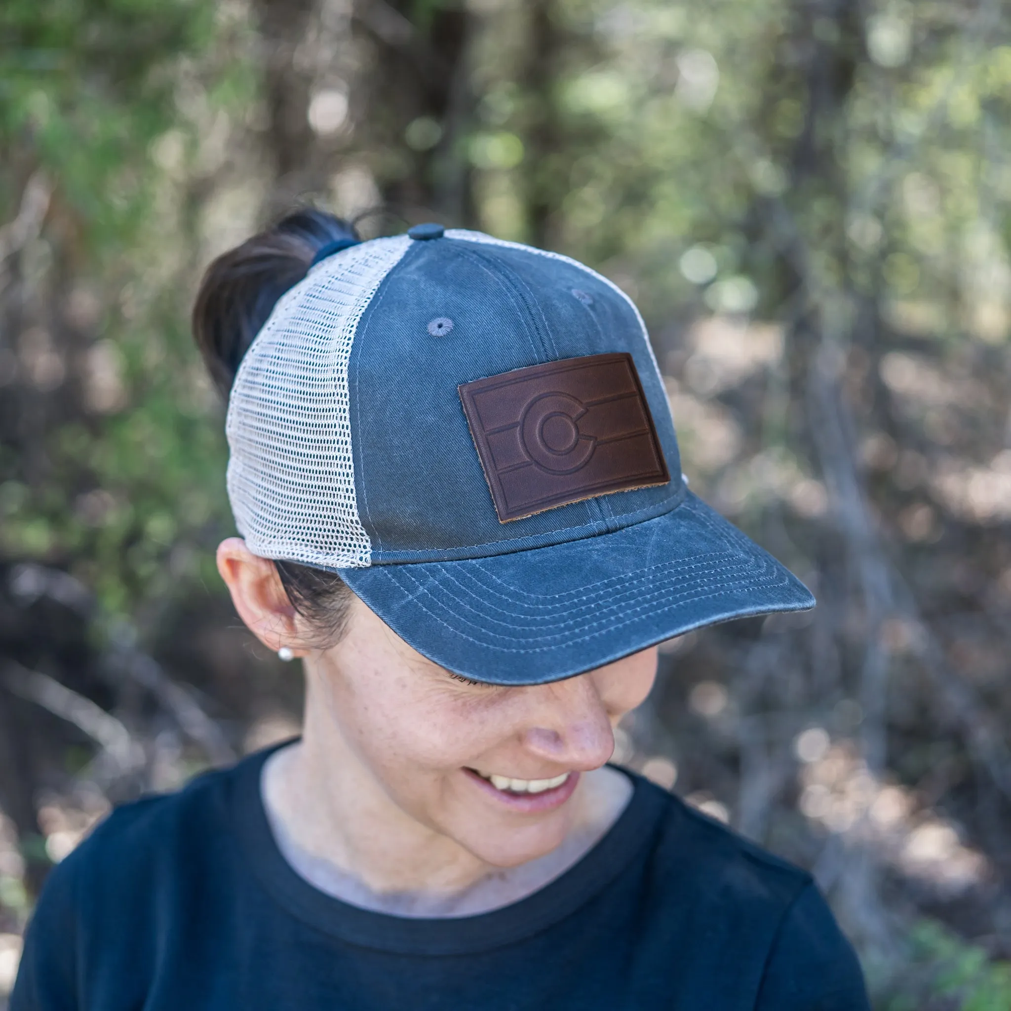 Leather Patch Ponytail Style Hat - Colorado Flag Stamp