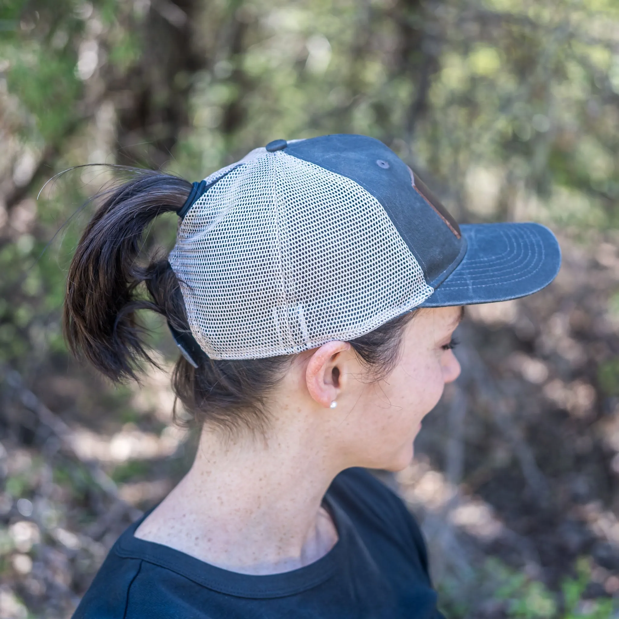 Leather Patch Ponytail Style Hat - Compass Rose Stamp