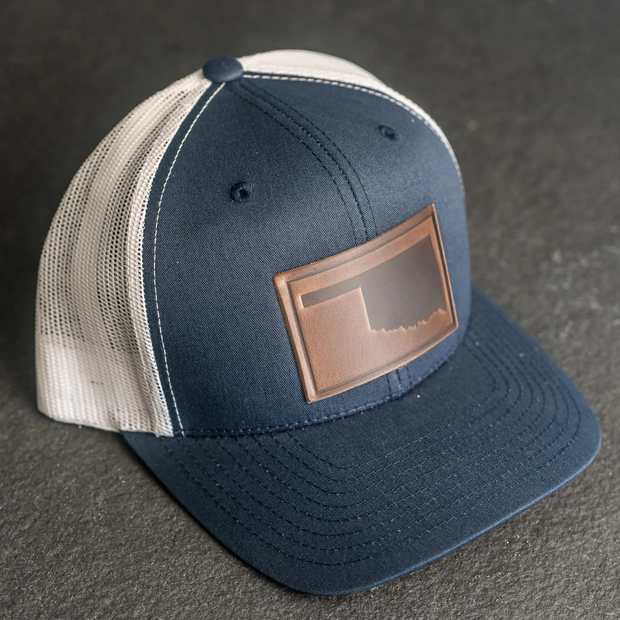 Leather Patch Trucker Style Hat - Oklahoma Stamp