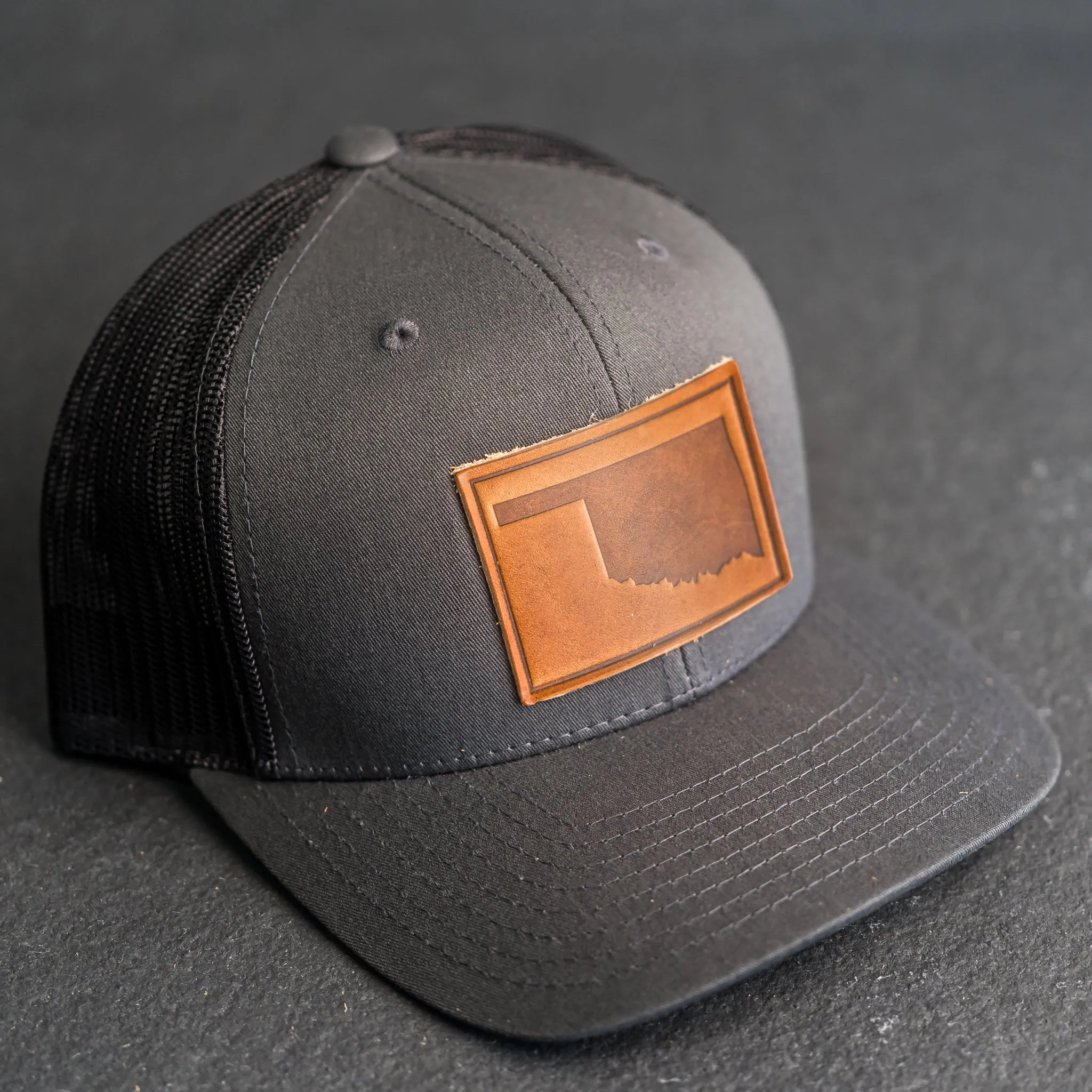 Leather Patch Trucker Style Hat - Oklahoma Stamp