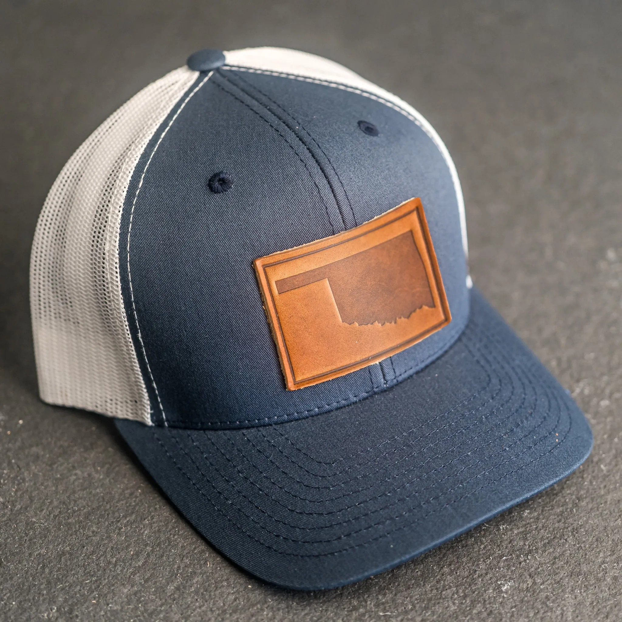 Leather Patch Trucker Style Hat - Oklahoma Stamp